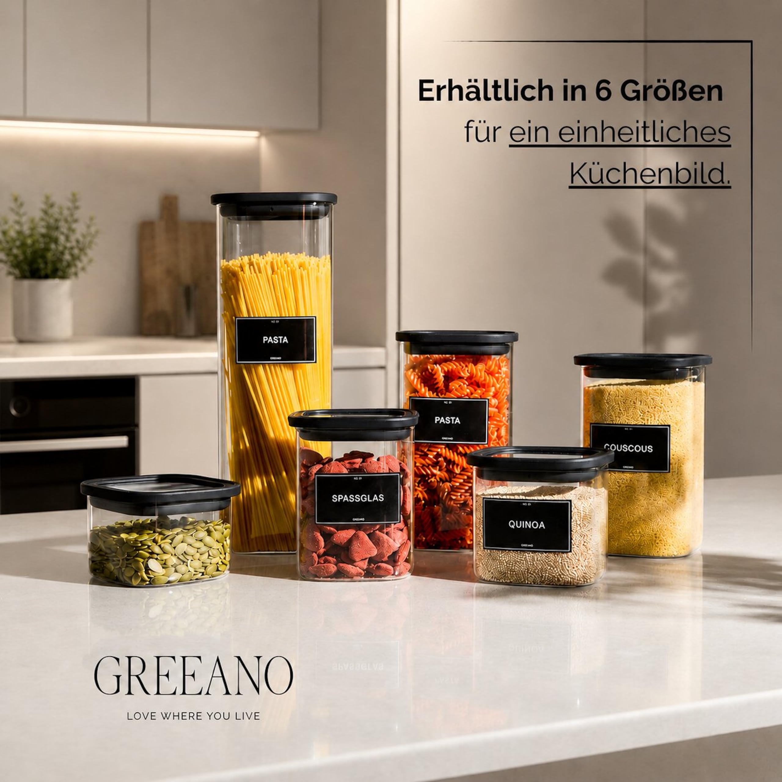 Barattoli rettangolari con coperchio in vetro, 400 ml, set da 6 pezzi, ermetici e antitarme, per alimenti, pasta, farina, cereali, caffè
