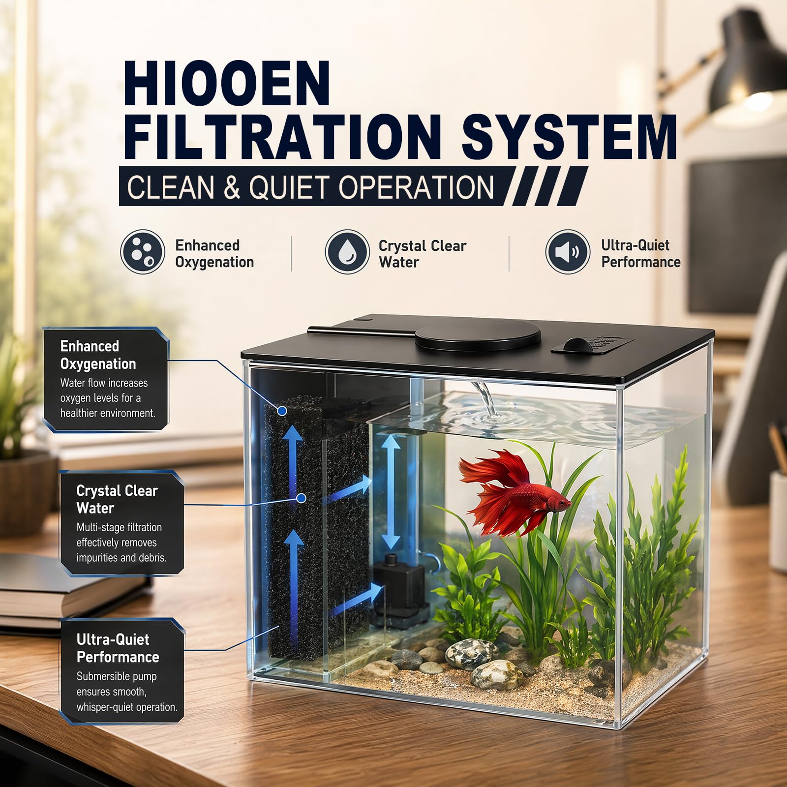 Zestaw startowy do akwarium, 3,7 l, małe akwarium Betta z akrylu, z pompą filtrującą i pokrywką i oświetleniem LED, do Aquascape DIY małych ryb, krewetek, basenów rybnych