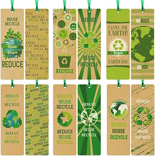 120 Pcs Earth Day Bookmarks Bulk with Hole Ribbon Recycle Reduce Reuse Activity Kraft Paper Bookmarks for Kids Students Book Lovers Educational Learning Activities