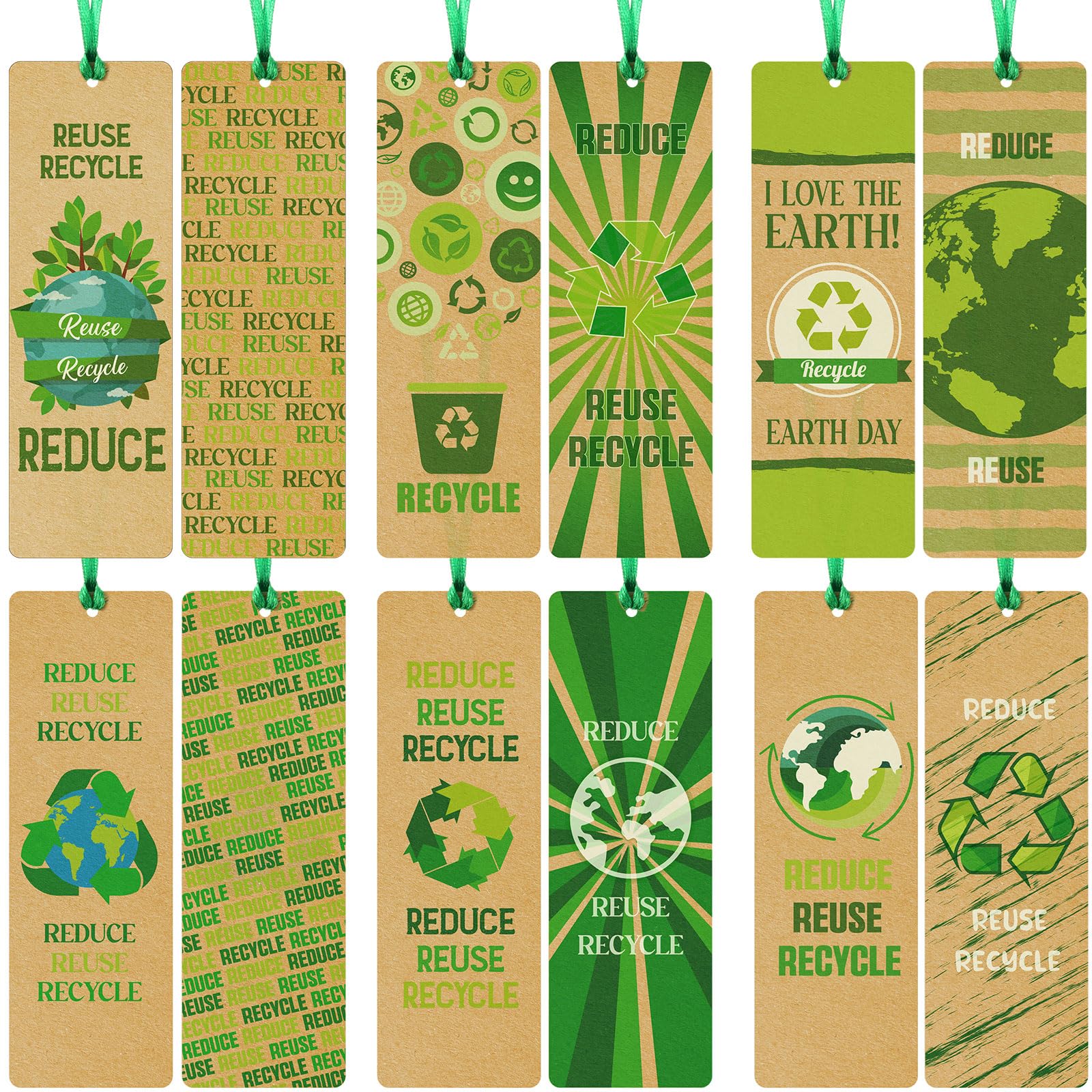 Engrowtic 120 Pcs Earth Day Bookmarks Bulk with Hole Ribbon Recycle Reduce Reuse Activity Kraft Paper Bookmarks for Kids Students Book Lovers