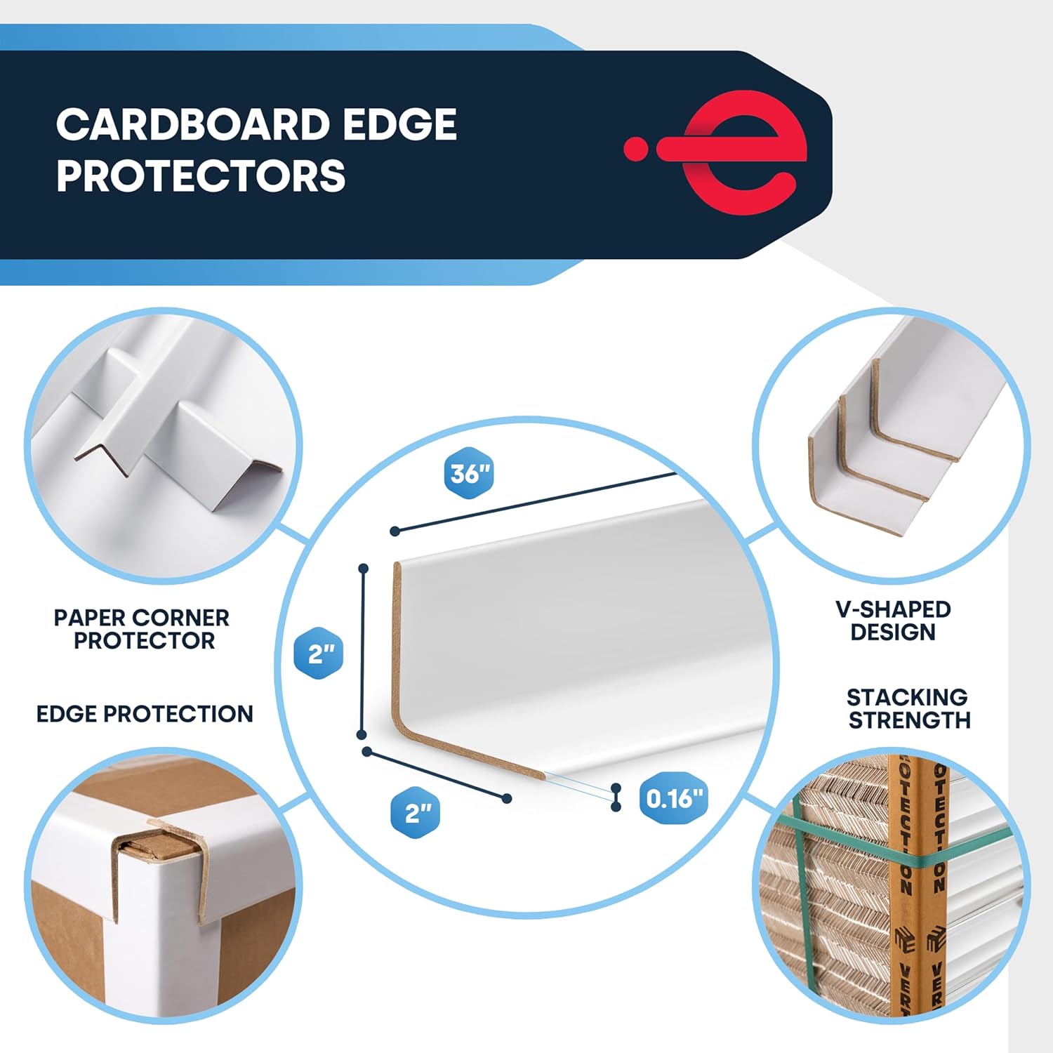 Cardboard Edge Protectors for Shipping - 2"W x 2"D x 36"L, Medium Duty .160 ga, Pallet Corner Protectors, Angle Boards, White, 50/Pack