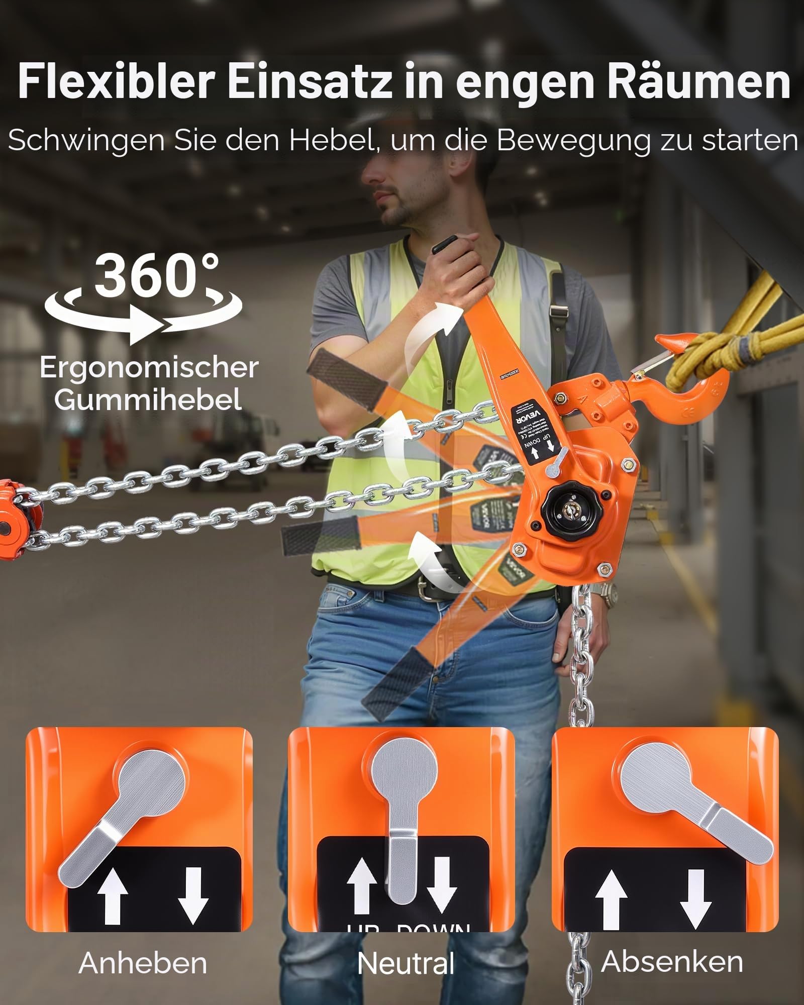 VEVOR Hebelzug, 6 T Kapazität, Handkettenzug, 3 m Hub, Hebezug G80-Legierungsstahlkette mit mechanischer Doppelsperrklinkenbremse, Ratschenzug 360° drehbare Haken, für Lagerhausbau, Garage