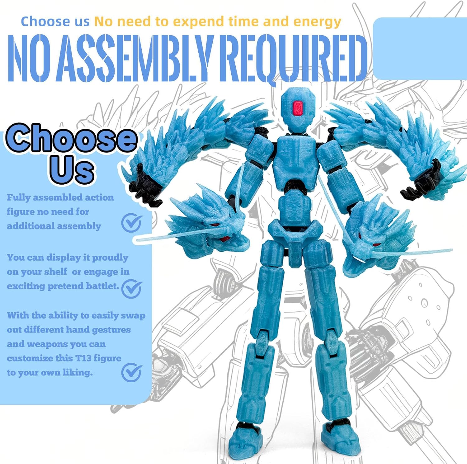 8inch T13 Assembly Completed Action Figure Set,T13 Multi-Jointed Movable There is a 3D Printed Dragon on his Body,for Collectors Desktop Decorations t-13 Movability 3D Printed Toys (Blue Hair Blue)