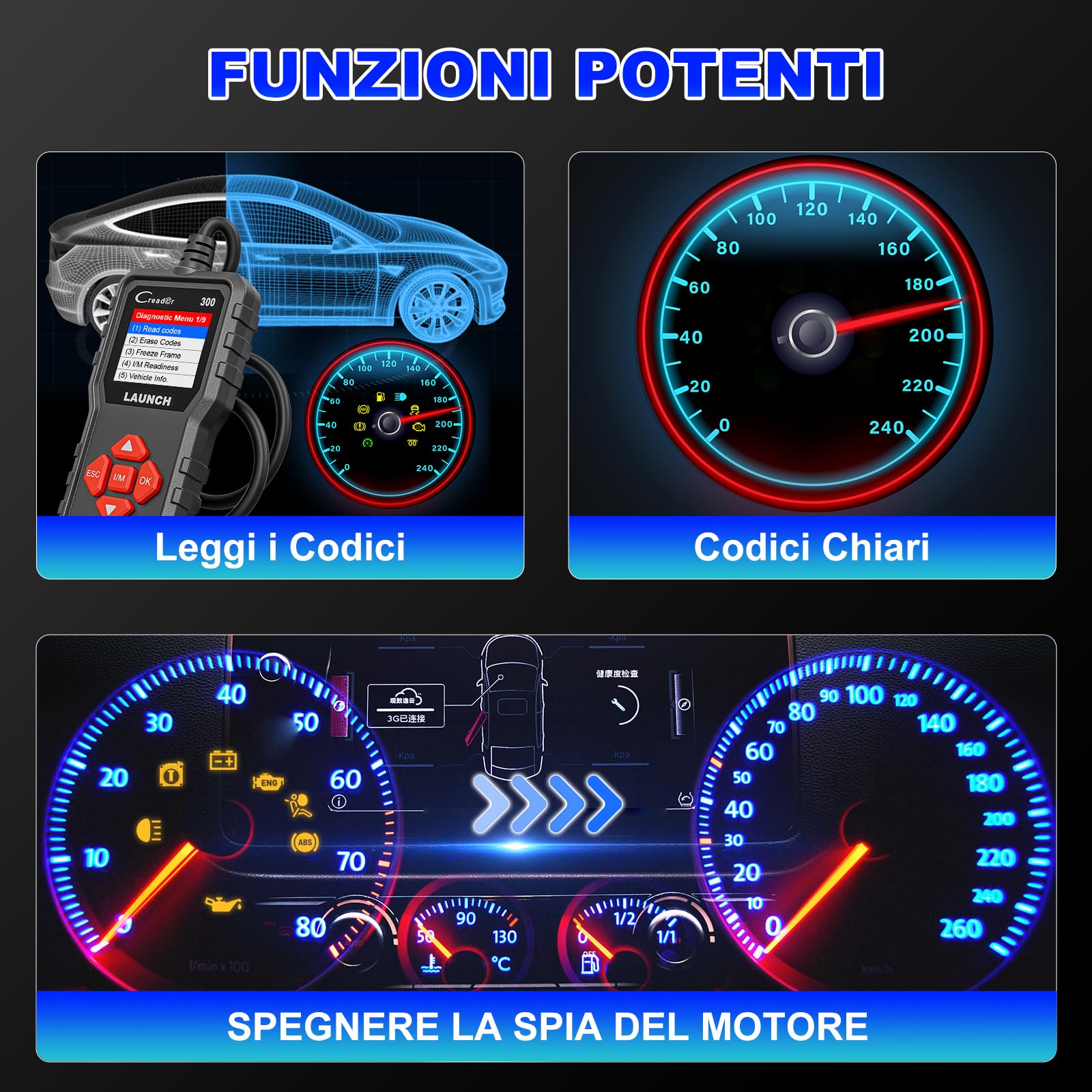 OBD2 Auto Diagnostica Diagnosi-auto LAUNCH CR300, Diagnostico OBD2 Italiano per Multimarca - Lettore Errore Motore Auto con Funzioni-OBD2, Professionale Diagnostica Per tutti i Veicoli OBDII