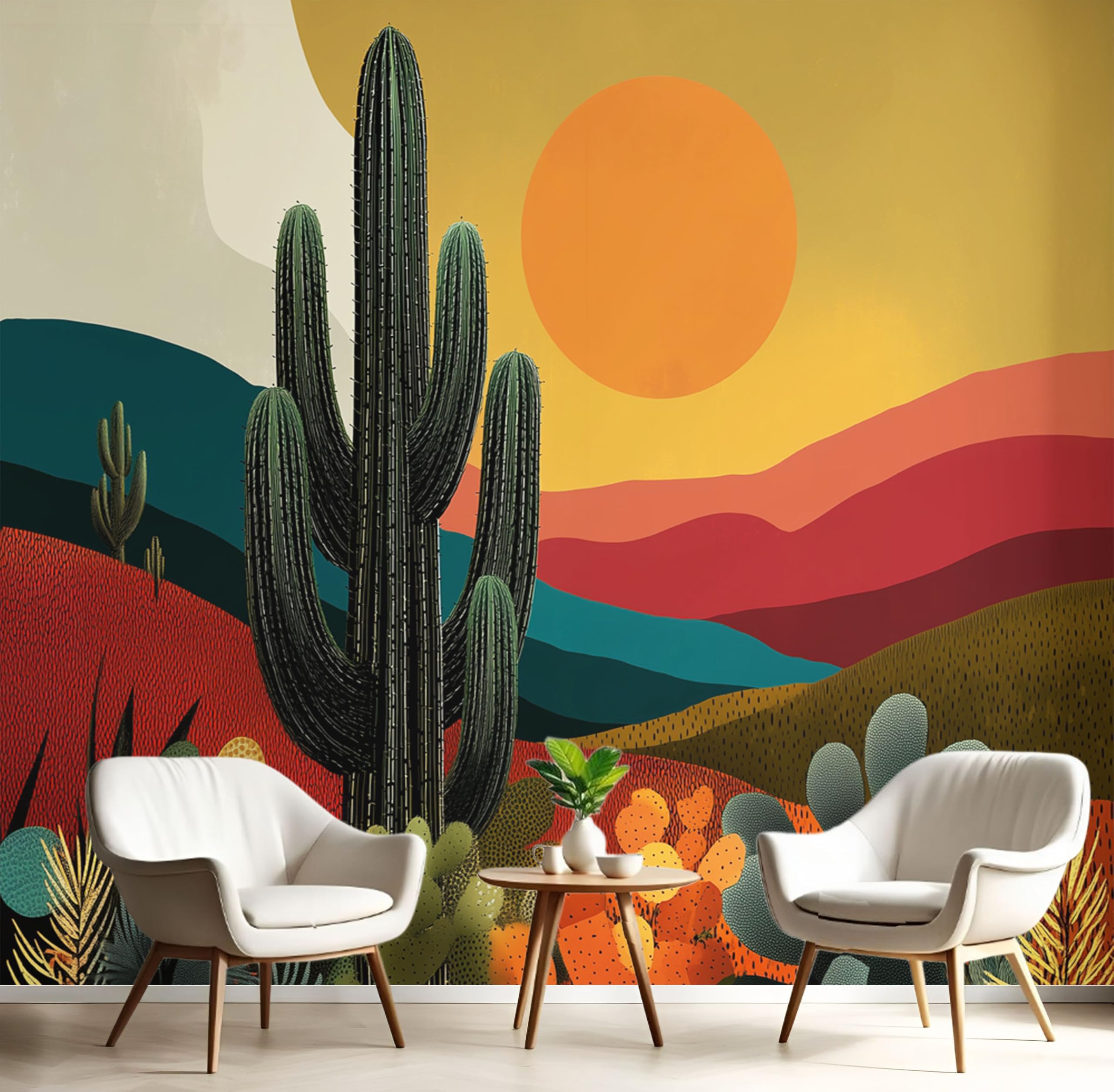 Papier peint panoramique cactus orange brûlé 250x175 cm pour un salon moderne au style bohème