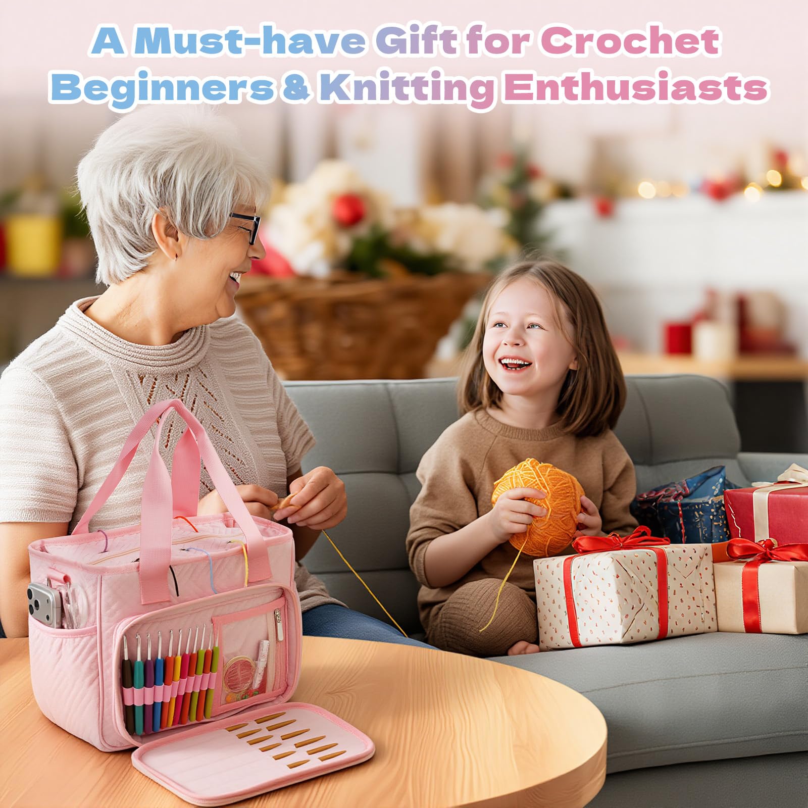 Dadanism Häkel Basteltasche, Strick Tasche, Garn Aufbewahrung Nähtaschen mit Griff & Schultergurt, Garn Aufbewahrung Organizer für Häkeln Stricker Häkelnadeln Stricknadeln Set Nähzubehör, Rosa