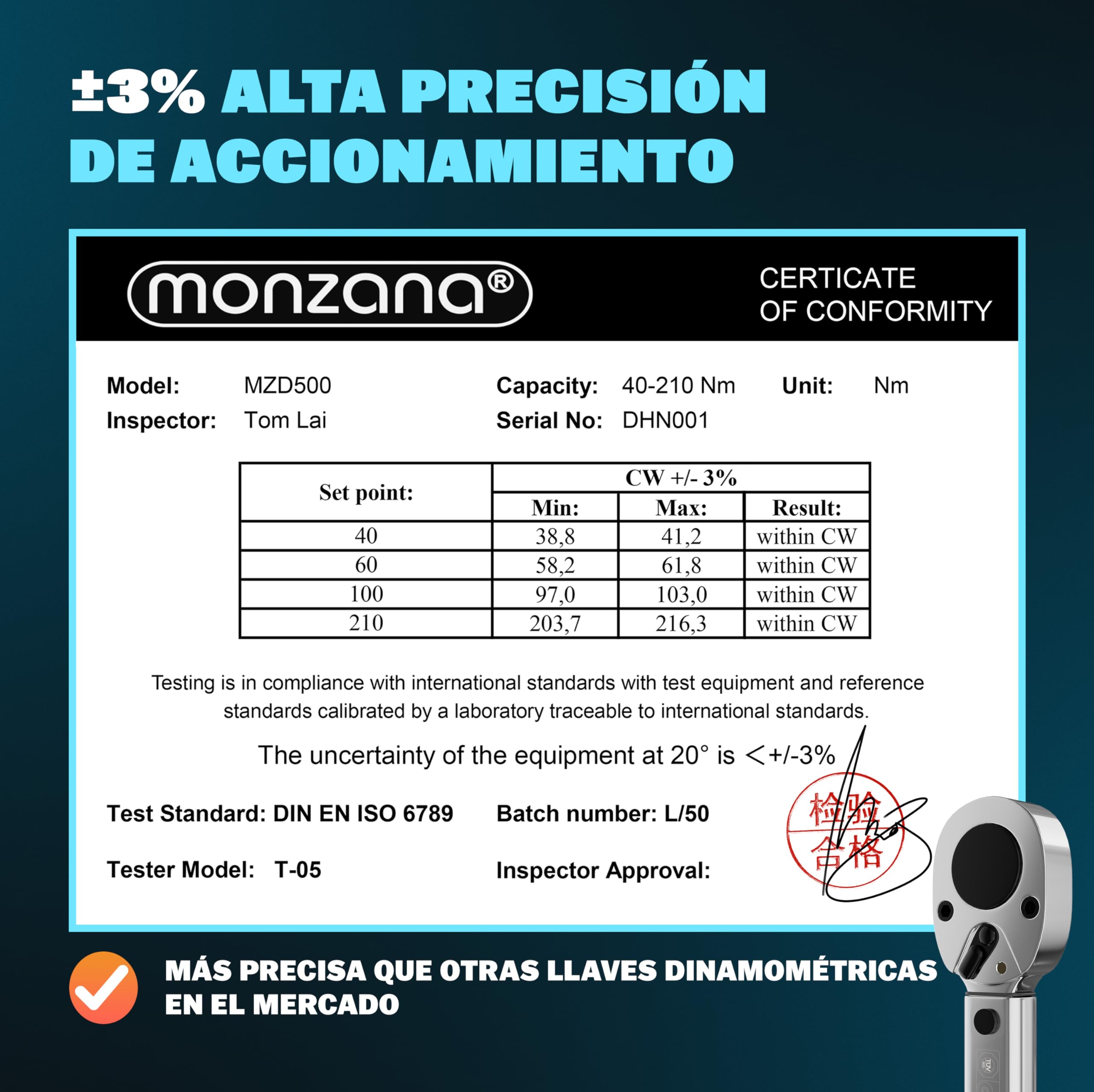 Monzana Llave Dinamométrica 1/2 Certificado TÜV Süd GS 40-210Nm