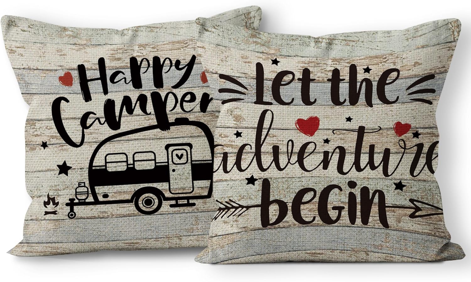 Happy Camper Linen Throw Pillow Case, 18 x 18 Inch Set of 2, Camping Lovers Gifts, Campers Gifts, Camper Decor, RV Decor, Trailer Pillow Cushion Cover for Sofa Couch Bed