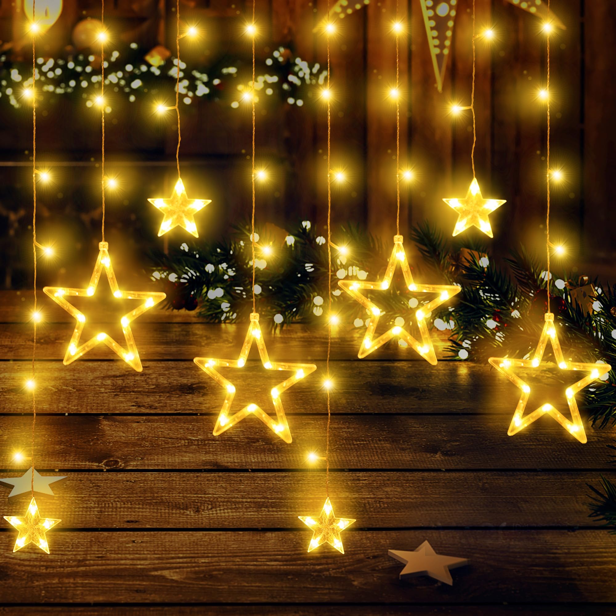BellaAchtung Cortina de luces de 2,3 m, 138 ledes, cortina de estrellas, luz de Navidad, con temporizador, luz blanca cálida, LED, cortina de estrellas, ventana interior y exterior