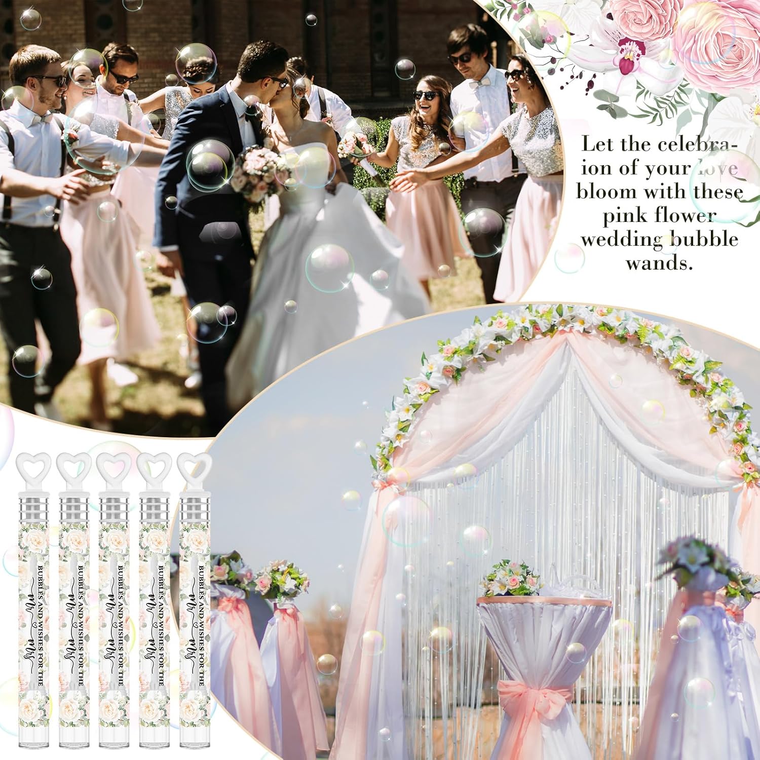 Hollowfly Wedding Mini Bubble Wands for a Wedding Bulk Heart Bubble for Guests Send Off Wand Adults Bridal Shower Party Supplies Valentine Anniversaries Celebration(120 Count,Pink Black,Pink Flower)