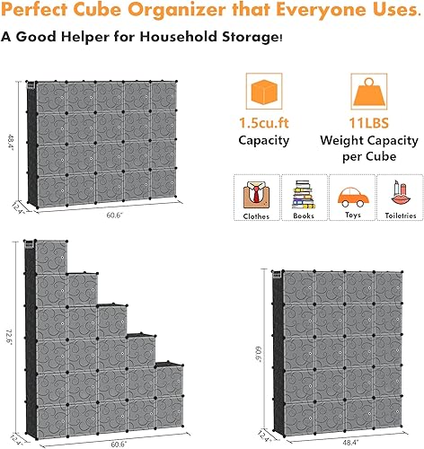 Miniatura 6 de C&AHOME Organizador de almacenamiento de cubos, estantería de almacenamiento de 20 cubos con puertas, estante modular para libros, estantes de