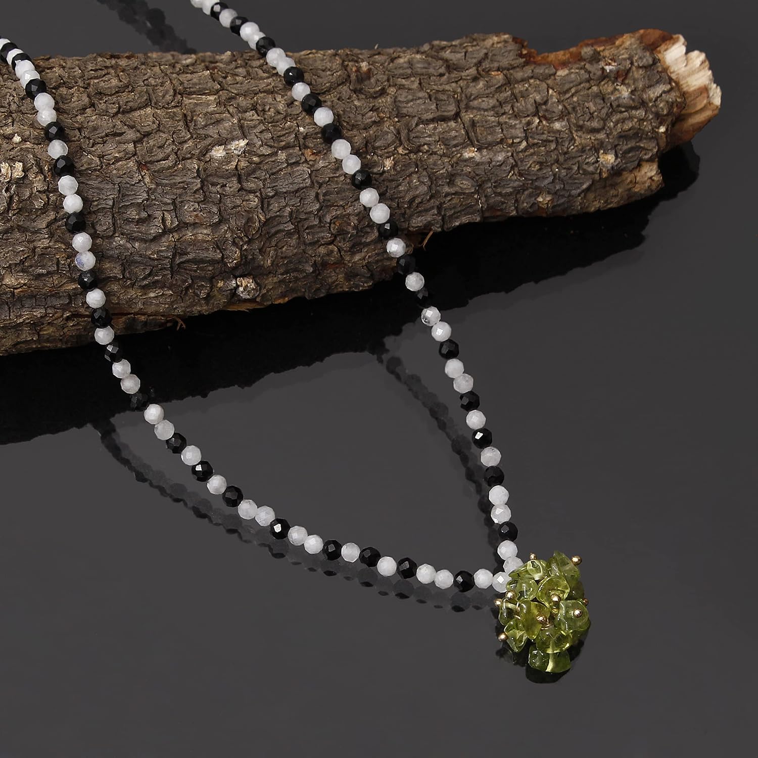 A&M GEMS & JEWELS Fashion Women Jewelry, Rainbow Moonstone & Black Spinel Contrast Necklace Jewelry, Healing Peridot Crystal Necklace Jewelry, Party Wear Strand Necklace, Gift For Aunty