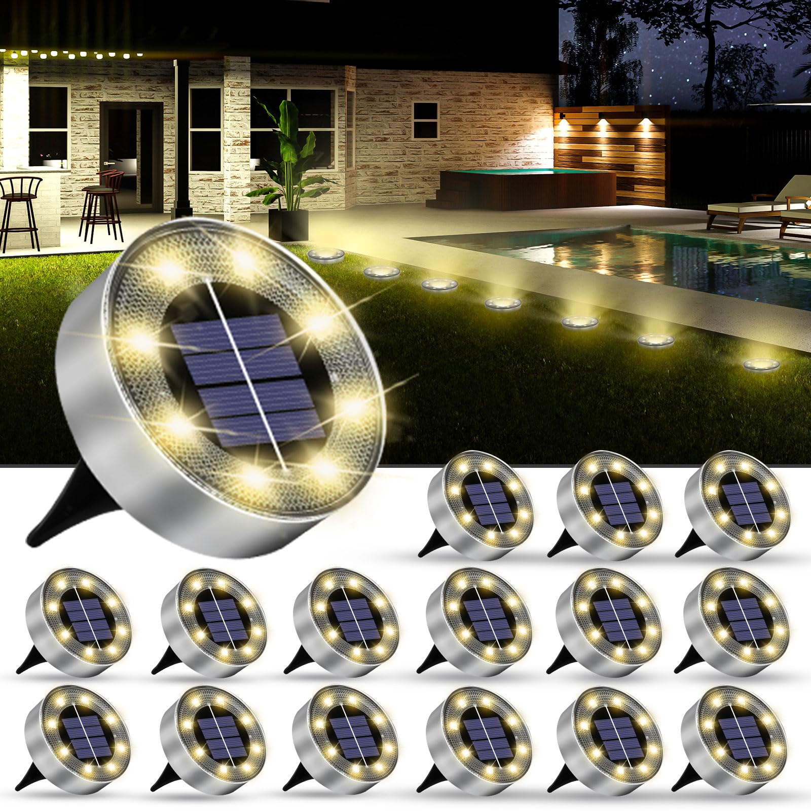 TYHBRV Solar Lights Outdoor 16 Pack, Solar Garden Outdoor Waterproof Pathway Lights In-Ground Lighting Decor for Lawn, Patio, Yard, Driveway, Step and Walkway Warm Lights
