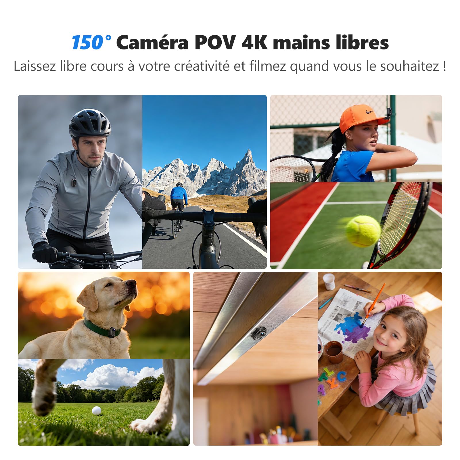 Caméra de vlogging 4K 30FPS, 64Go caméra d'action, POV portable mains libres, étanche 30m Caméra Sport, 150°Mini Cam Sportive corporelle pieton pour Vélo, Ski, Plongée, 270 Min Durée d'exécution