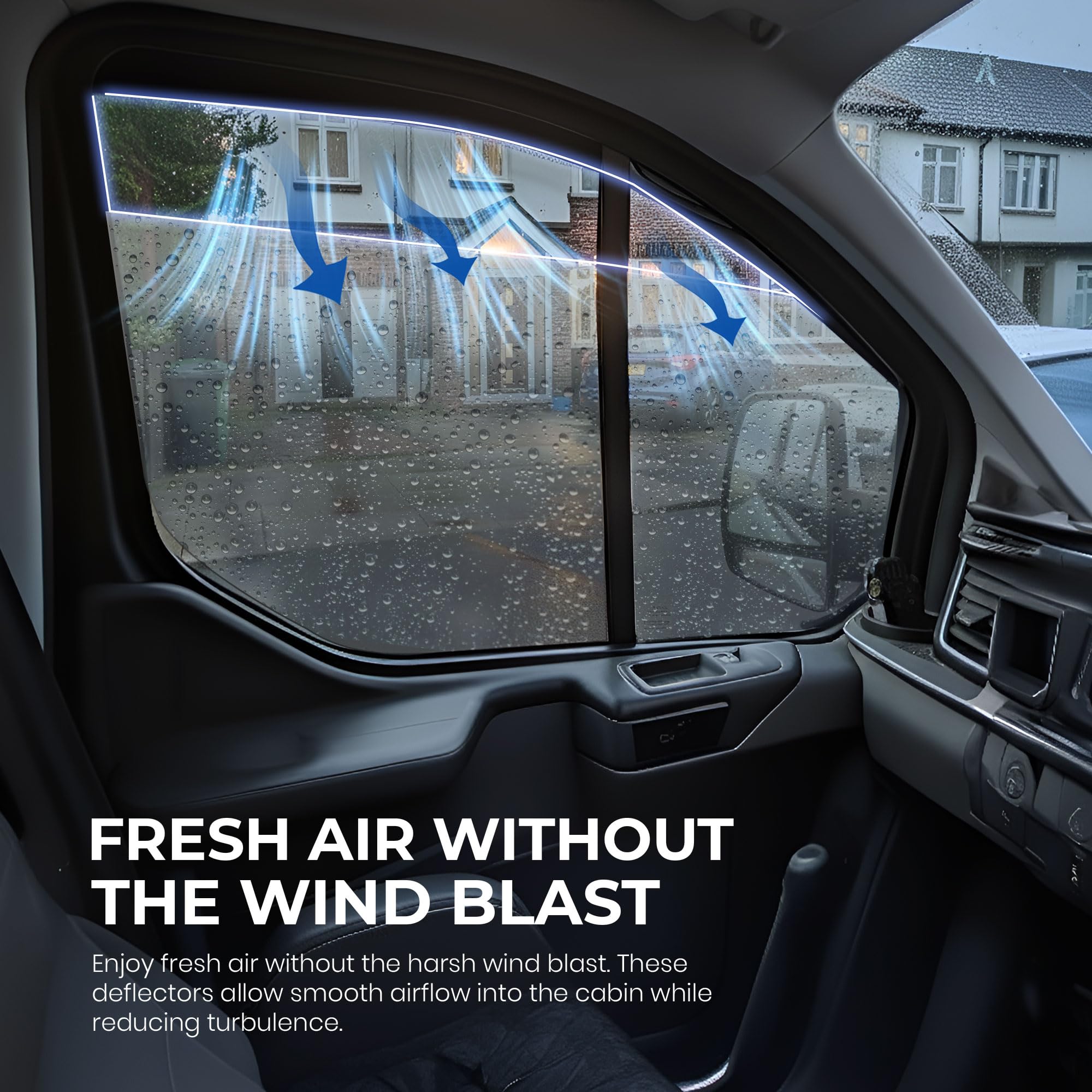 Para adaptarse a: deflectores de viento para Ford Transit Custom 2013 a 2023 – Juego de 2 piezas de ajuste externo, tintados, deflectores adhesivos de alta calidad para conductor y pasajero, reducen