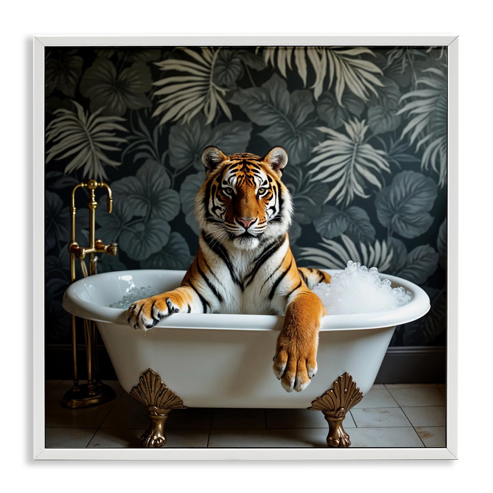 Tigre dans un bain moussant affiche exotique haut de gamme cadre blanc Stupell