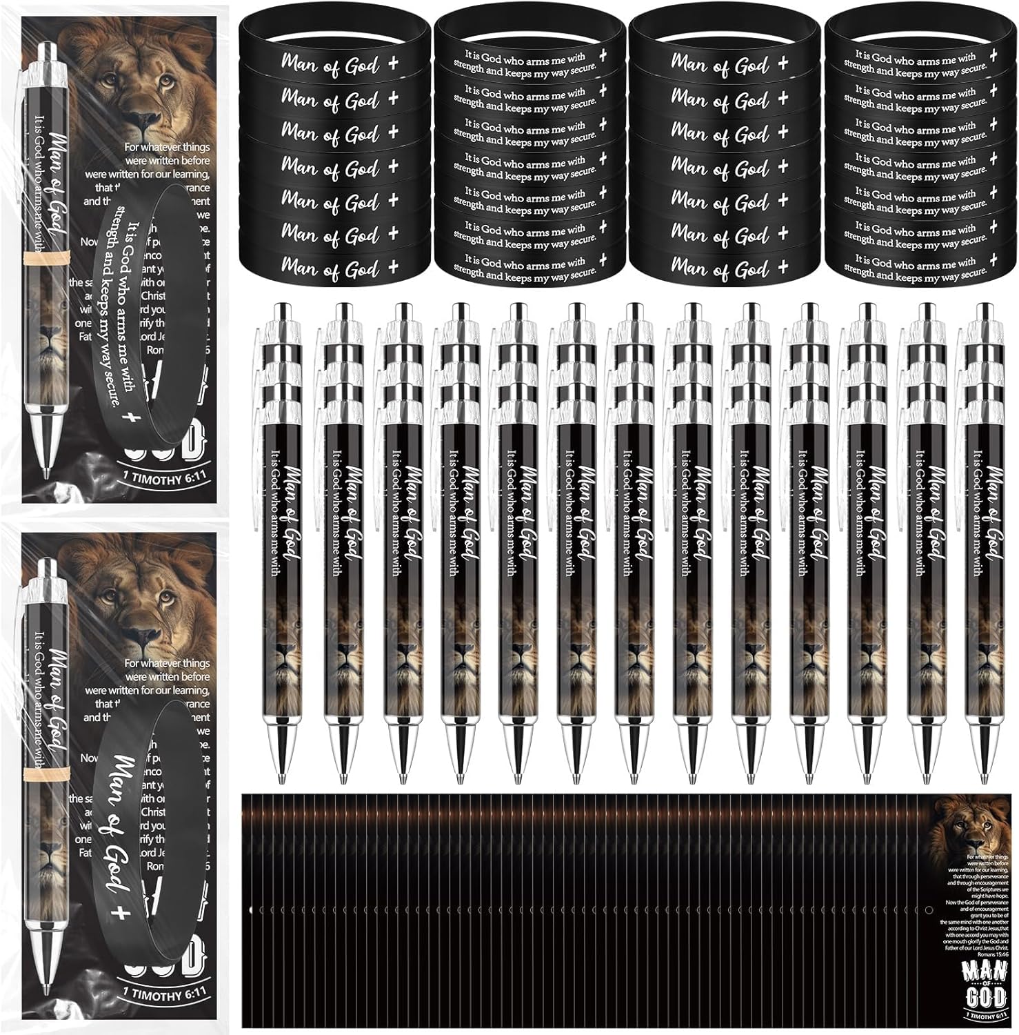 50 Sets Man of God Gifts Bulk Christian Ballpoint Pens with Man of God Bracelets Wristbands Bible Verse Cards for Father Church Dad Godfather Pastor Office Employee Religious Party Favors (Style A)