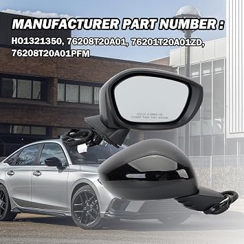 Right Passenger Side Mirror Compatible With 2022 2023 2024 2025 Honda Civic Sedan/Hatchback,Mirrors with Power Glass,Non-Heated,Manual Folding Black Replaces# HO1321350 76208T20A01