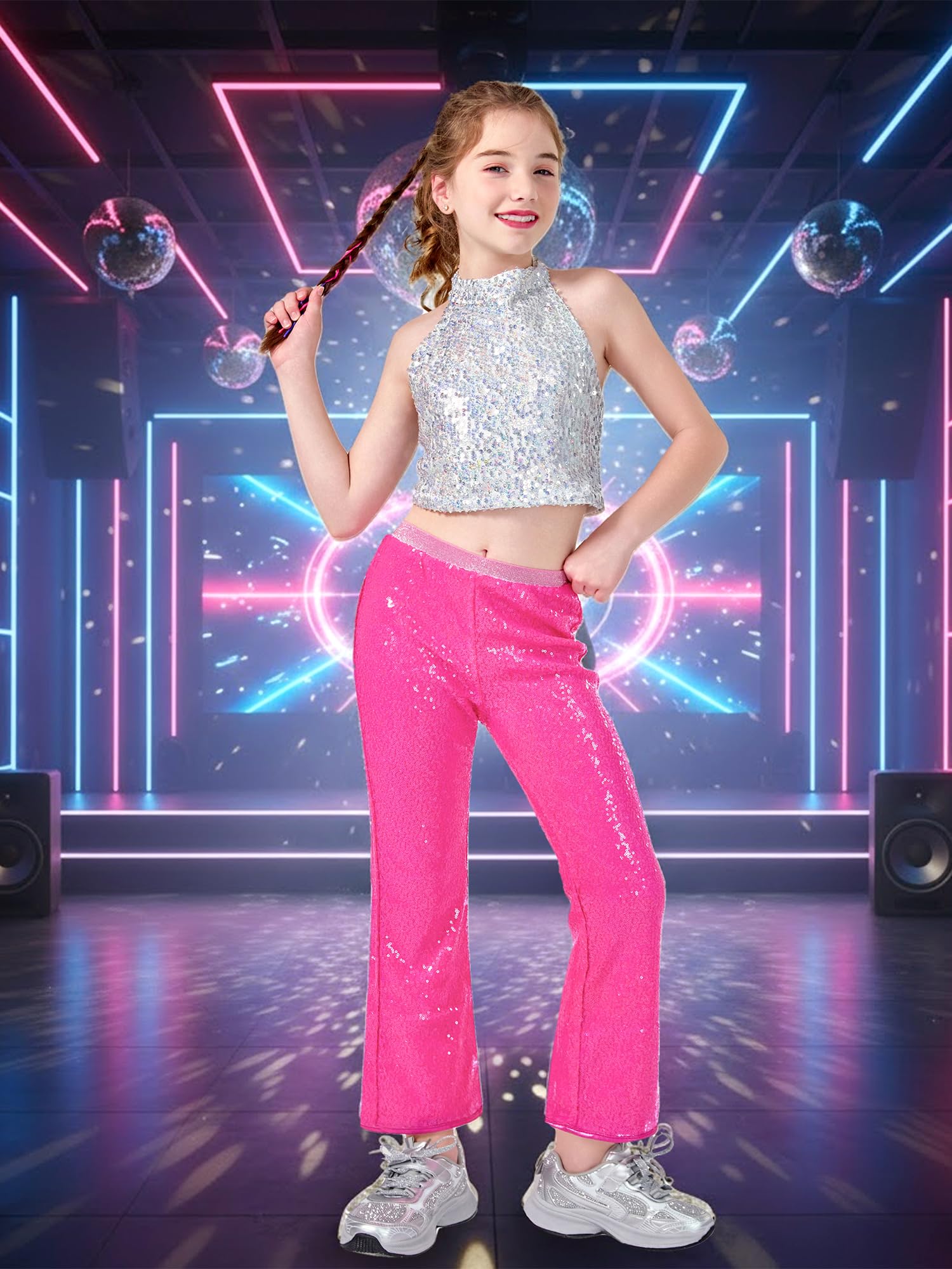 LOLANTA Mädchen-Schlaghose mit Pailletten, glitzernde Glockenhose, elastische Taille, Glitzer, Disco-Tanzhose