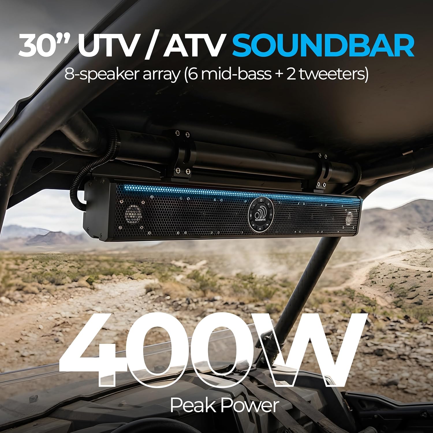 Massive Audio T8SB 8-Speaker 30" UTV Soundbar, 400W Marine Sound Bar for UTV, ATV, Golf Cart, IP65 Waterproof Outdoor Sound Bar with RGB LED Lighting and Universal Mounting for 1.75" to 2" Roll Cages