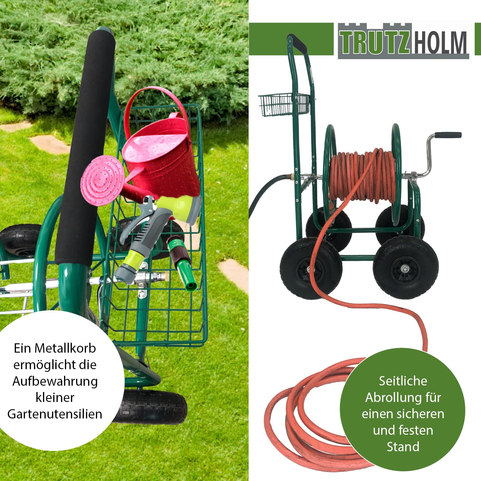 TRUTZHOLM Schlauchwagen Premium 4 Vollgummiräder, 92 x 57 x 78, pulverlackierter Stahl, für 80 m Gartenschlauch, Anschluß 3/4", adaptierbar auf 1/2 Zoll, Gartentrommel Schlauchabroller Schlauchhalter