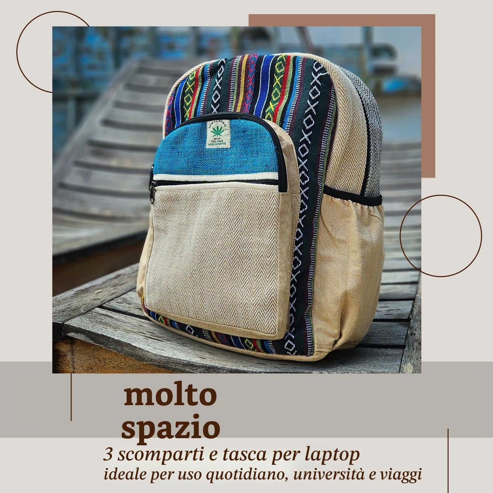 Zaino Himalayan Hemp – fatto a mano – Zaino unisex in canapa – stile etnico – scomparto per computer portatile – ideale per università, viaggi e uso quotidiano – prodotto in Nepal