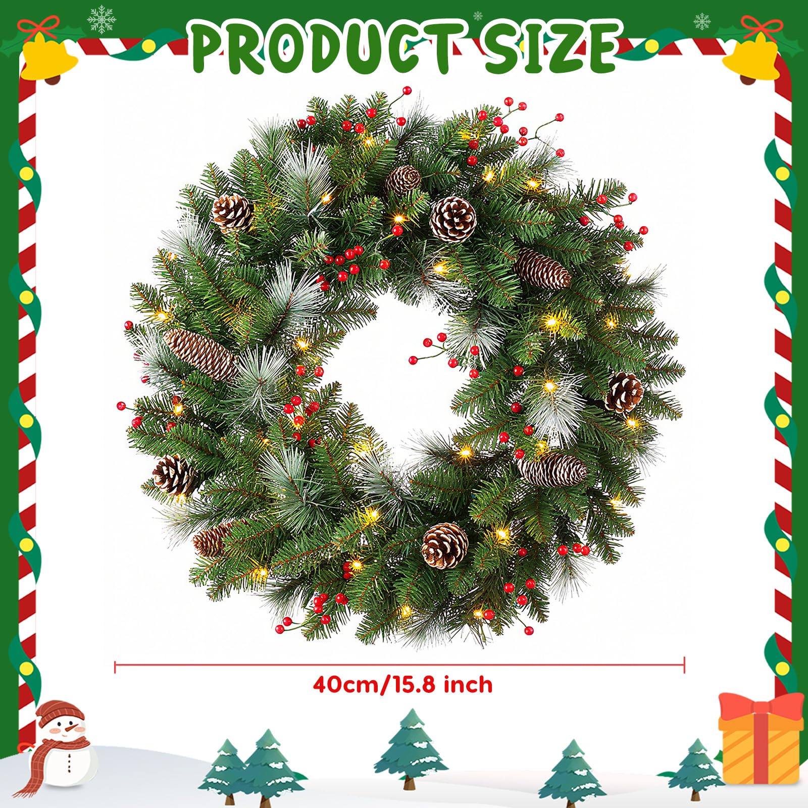40CM Türkranz Weihnachten,Weihnachtskranz Haustür mit 30 LEDs,Weihnachtskranz mit Laterne, Kugeln, Beeren & Schleifen, weihnachtstürkranz, Weihnachten Dekor