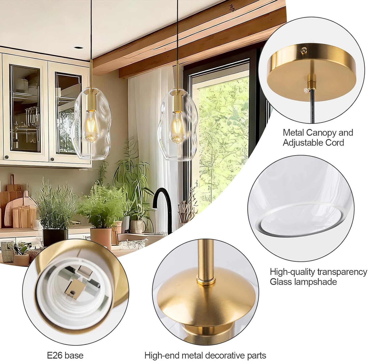 6in Modern Kitchen Pendant Lights, Brass Color Pendant Light Fixtures with Hand-Blown Clear Glass Light Fixture for Kitchen Island Sink Dining Room Bedroom Hallway, 1-Light
