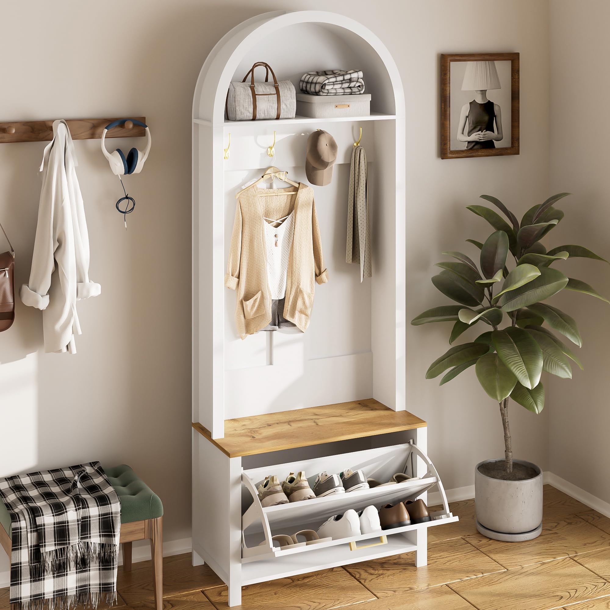 Merax Garderobe Set, Kompaktgarderobe mit Schuhregal, Ablage & Haken, 75x35x195 cm, Weiß