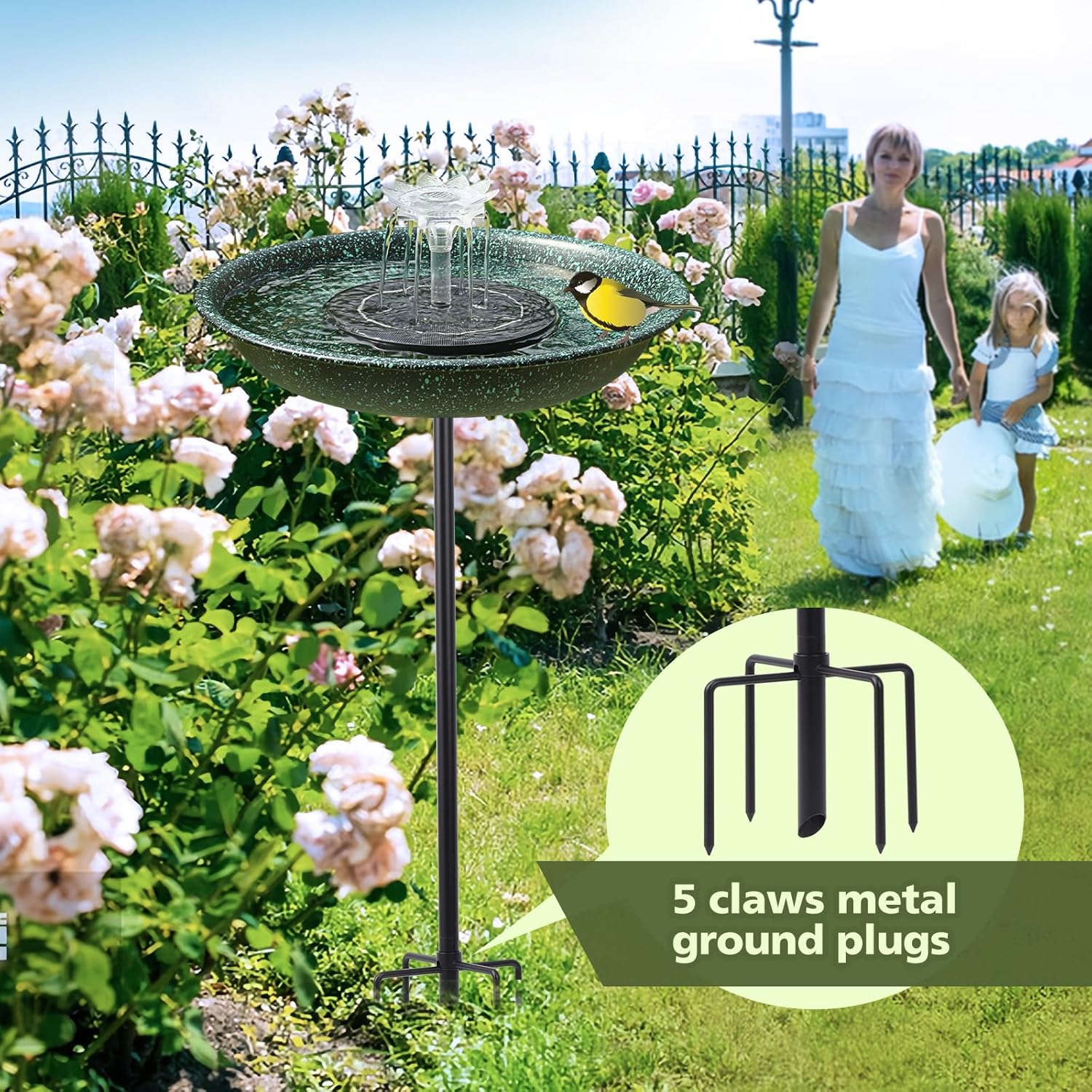 Solar Fountain Bird Bath for Outside Garden Decor,All Metal Hummingbird Bath & Crow Feeder with 5-Prong Base,Standing Bird Feeder for Backyard Birding & Wildlife,Copper Green