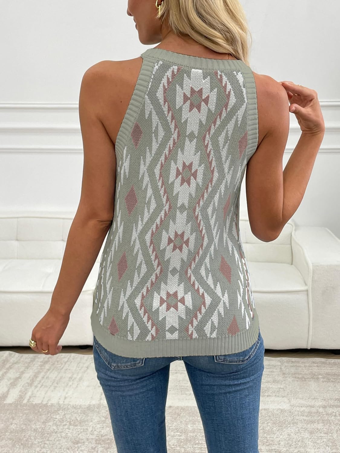 MARZXIN Women Sleeveless Sweater Tank Round Neck Casual Aztec Geometric Knit Sweater Top - Image 2
