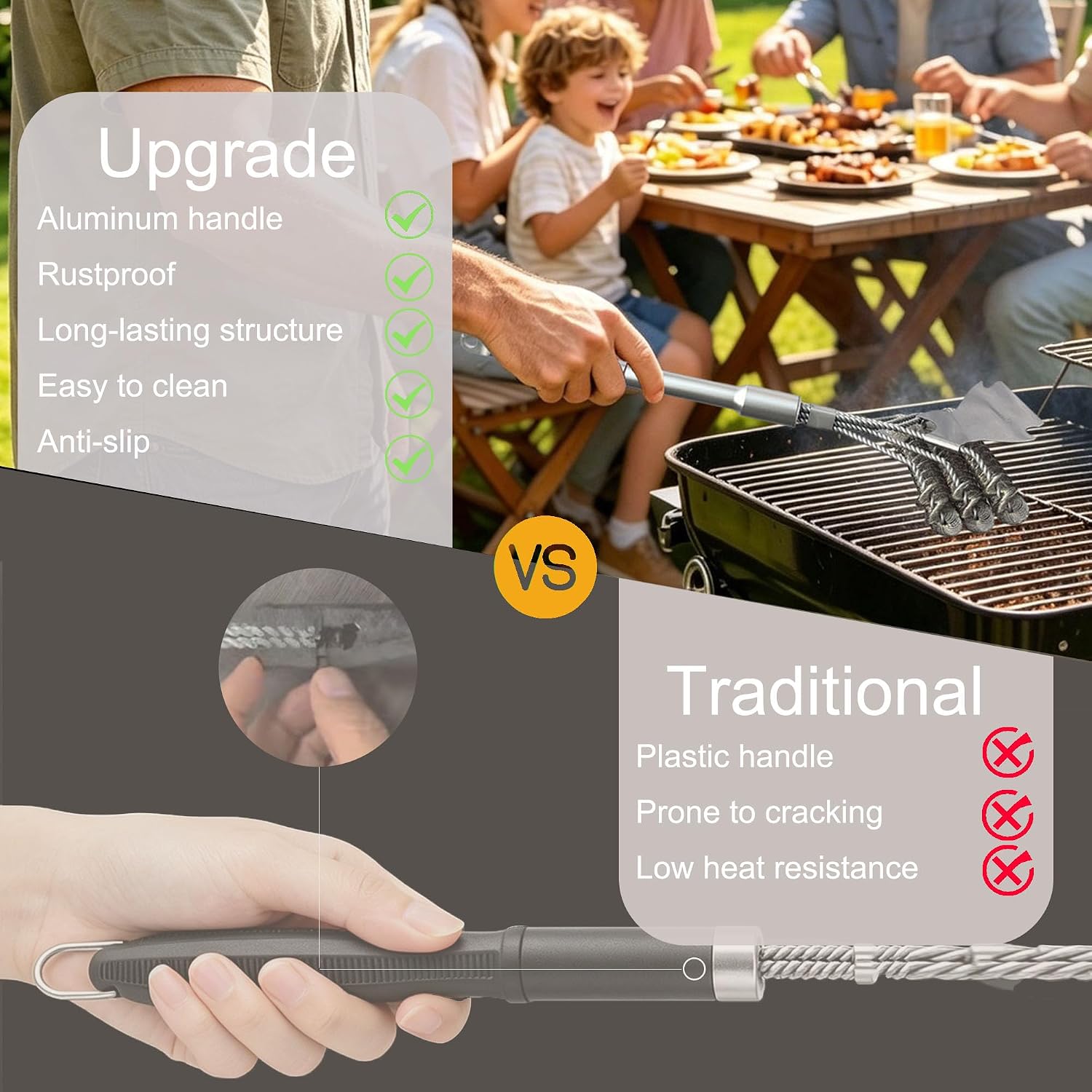 Grill Brush with Scraper - Stainless BBQ Grill Cleaning Brush for Gas/Charcoal Grill, Detachable Handle Grill Brush for Outdoor Grill, Camping & Backyard, Grill Accessories for BBQ Enthusiast image 3