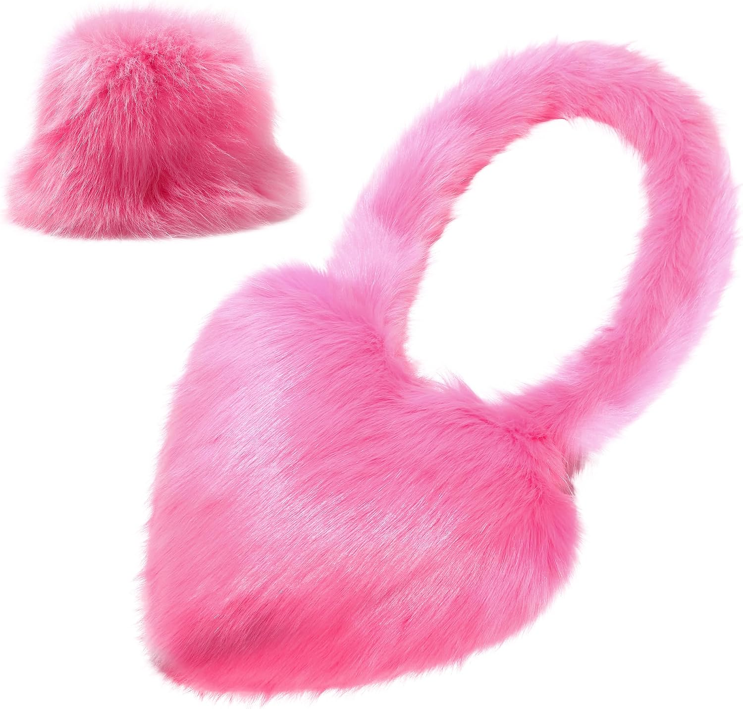 Women's Faux Fur Fisherman Hat and Faux Fur Slouch Bag Set Plush Bucket Hat Fur Purse Two-Piece Set
