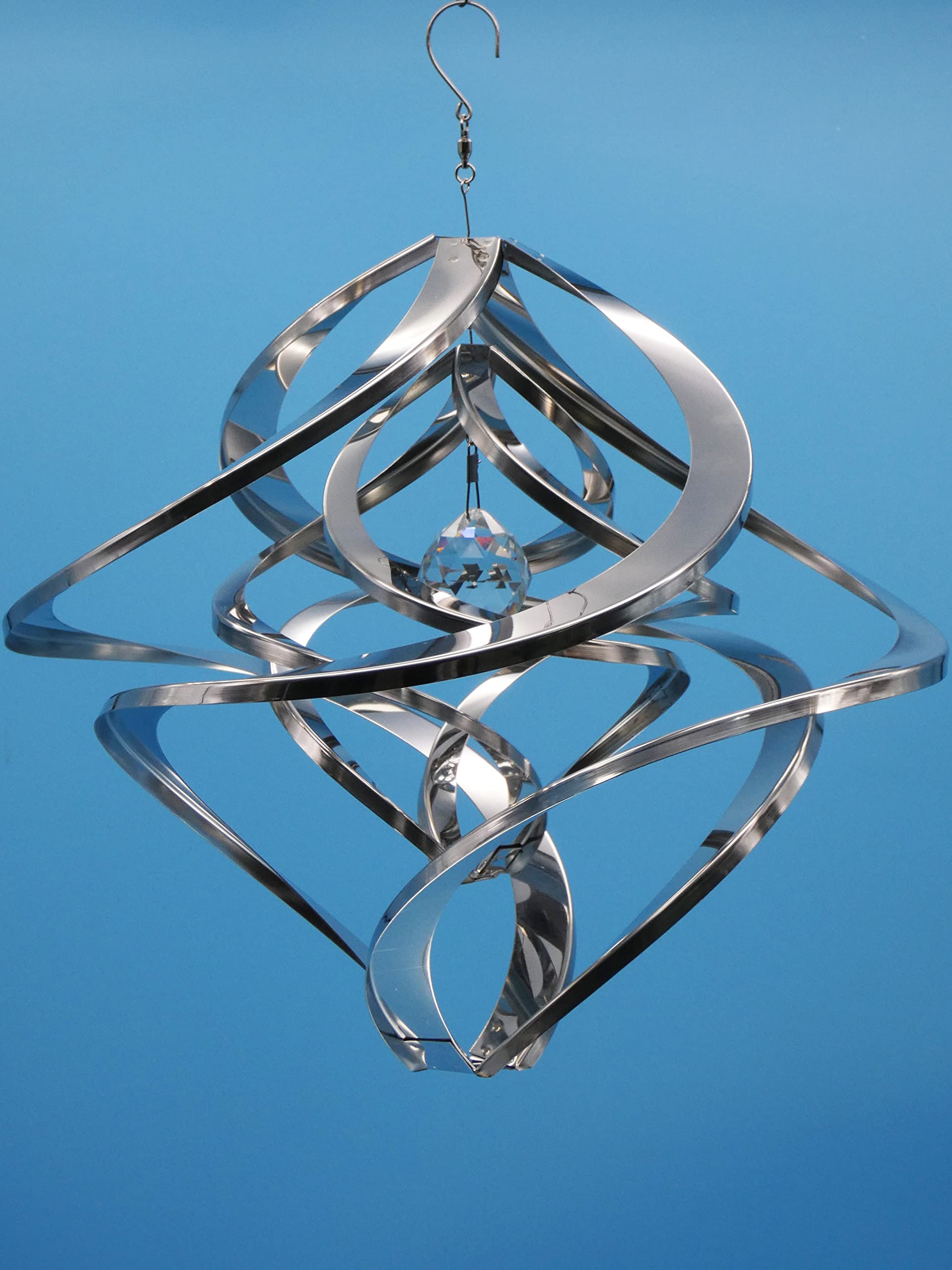 Pommerntraum ®| Windspiel Edelstahl Double-Twister Kristall Unruhe Rostfrei | Edelstahlwindspiel Gartendekoration Gartenkunst Twister Hängewindspiel Sonnenfänger Hurrikan Spinner (40 cm mit Kristall XXL)