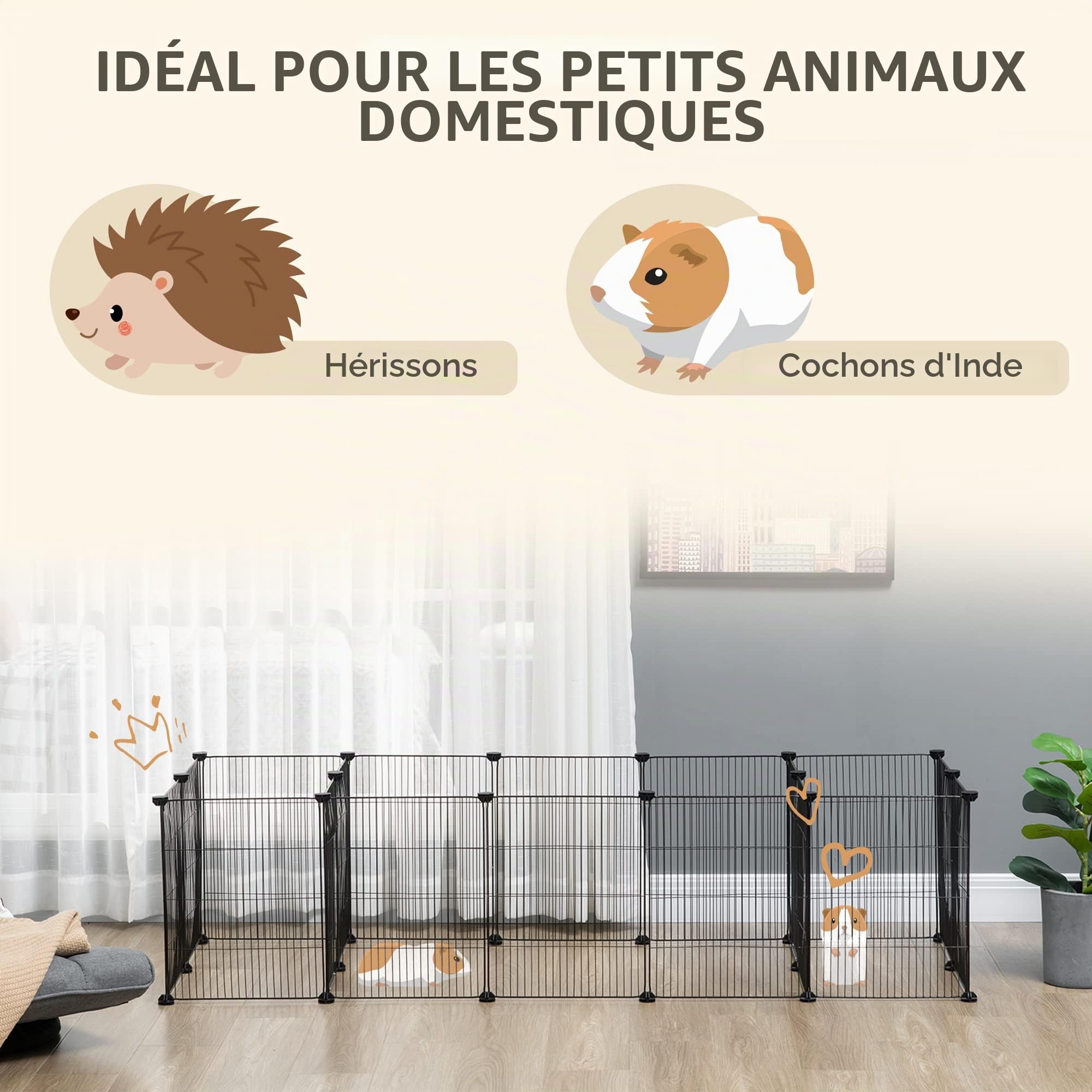 PawHut Cage pour cochons d'Inde, clôture pour Petits Animaux, 18 pièces avec Porte pour extérieur et intérieur 175 x 70 x 45 cm, Noir