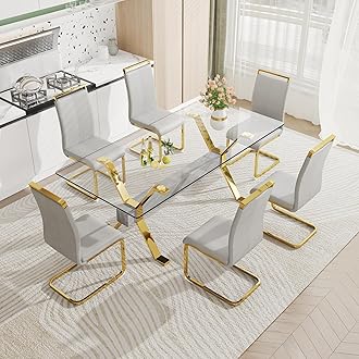 Pvillez Glass Dining Table Set for 6, 7 Piece Dining Room Table Set,78" Modern Large Glass Kitchen & Dining Room Table w/Golden Metal Legs & Grey MDF Crossbars &6 Light Grey PU Leather Dining Chairs