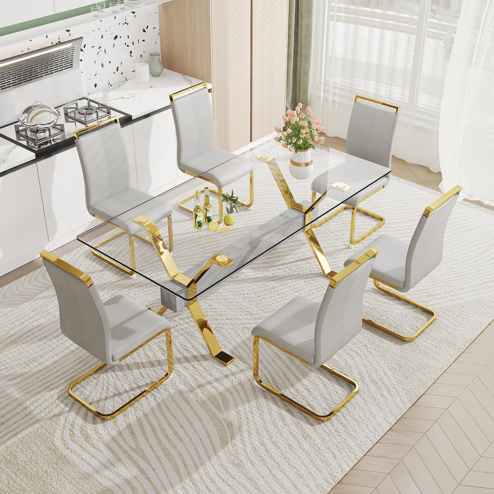 Pvillez Glass Dining Table Set for 6, 7 Piece Dining Room Table Set,78" Modern Large Glass Kitchen & Dining Room Table w/Golden Metal Legs & Grey MDF Crossbars &6 Light Grey PU Leather Dining Chairs