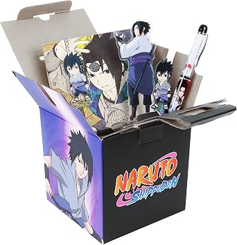 JUST FUNKY Naruto Shippuden Sasuke Uchiha Looksee Collector Box | 5 Official Sasuke Collectibles | Includes Wall Canvas, Enamel Pin, Keychain, Acrylic Stand, and Floaty Pen | Collect Them All
