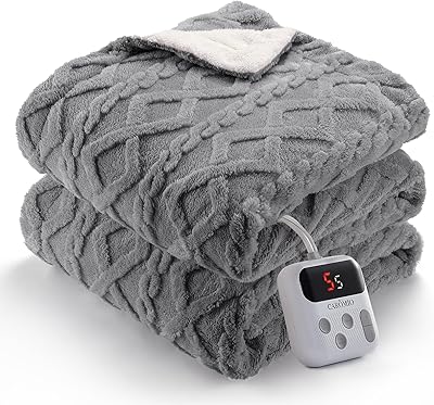 CAROMIO Electric Blanket Twin Size - Thick Tufted Sherpa Heated Blanket Twin with 10 Heating Levels and 10 Time Settings, ETL Certified Machine Washable Fast Heating Blanket Twin 62"×84", Grey