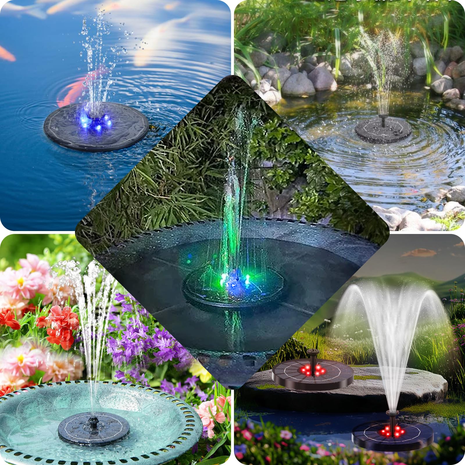 Fontana Solare con Luci Colorate, Nuovo 3W Fontana da Giardino Esterno con 1500mAh Batteria,Solare Fontana Pompa ad Acqua con 8 Ugelli per Bagno per Uccelli, Laghetto, Acquario