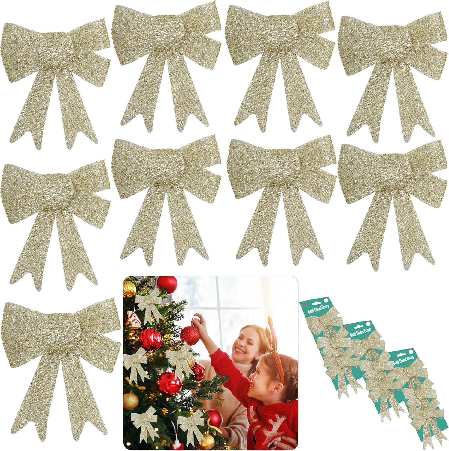 SRV Hub 9PCs Christmas Small Glitter Bows, Luxury Bows for Christmas Tree Decor, Xmas Ornaments for Home Christmas Party Size-11cm (Gold)