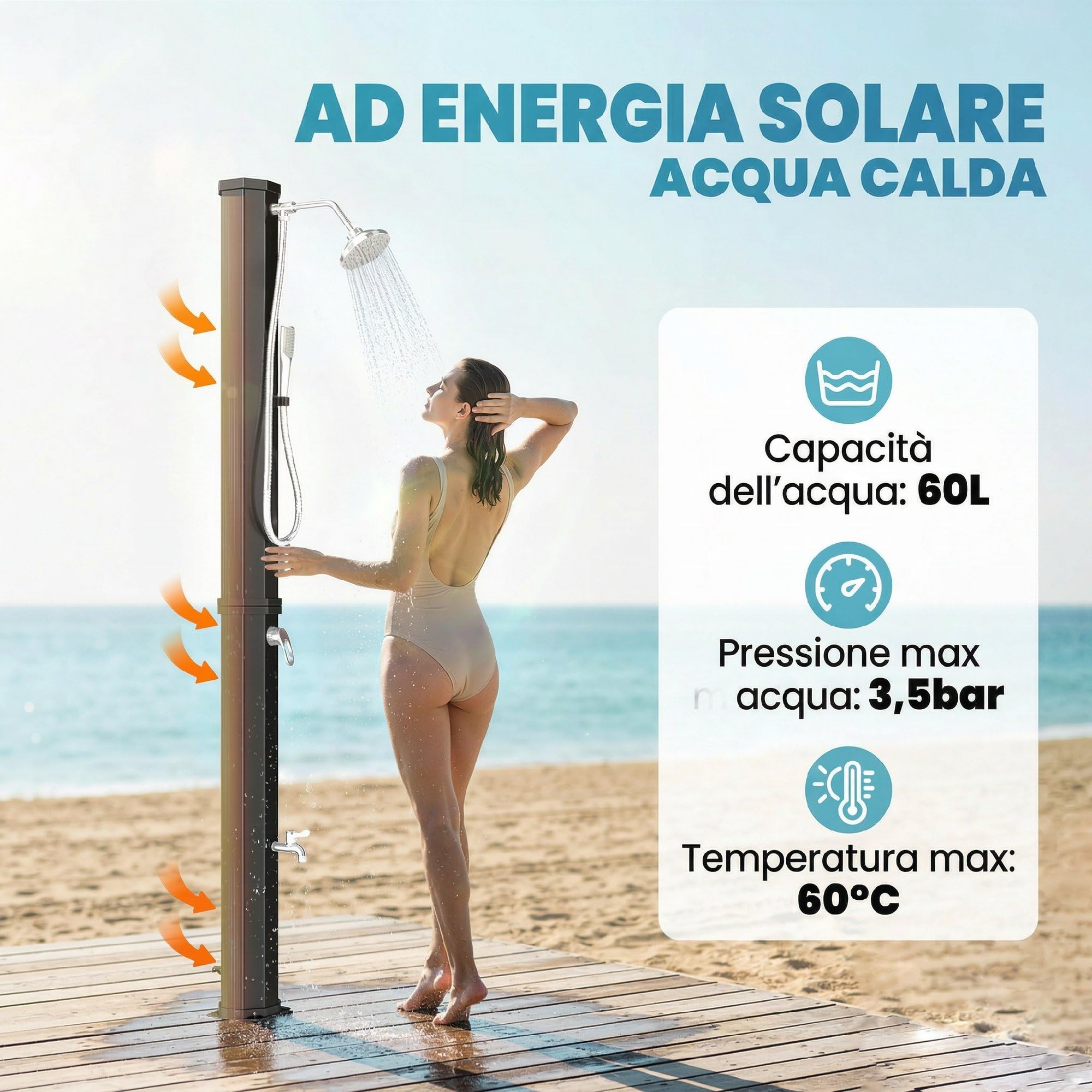 Outsunny Doccia Solare da Giardino 60L con 2 Soffioni a Pioggia, Nero