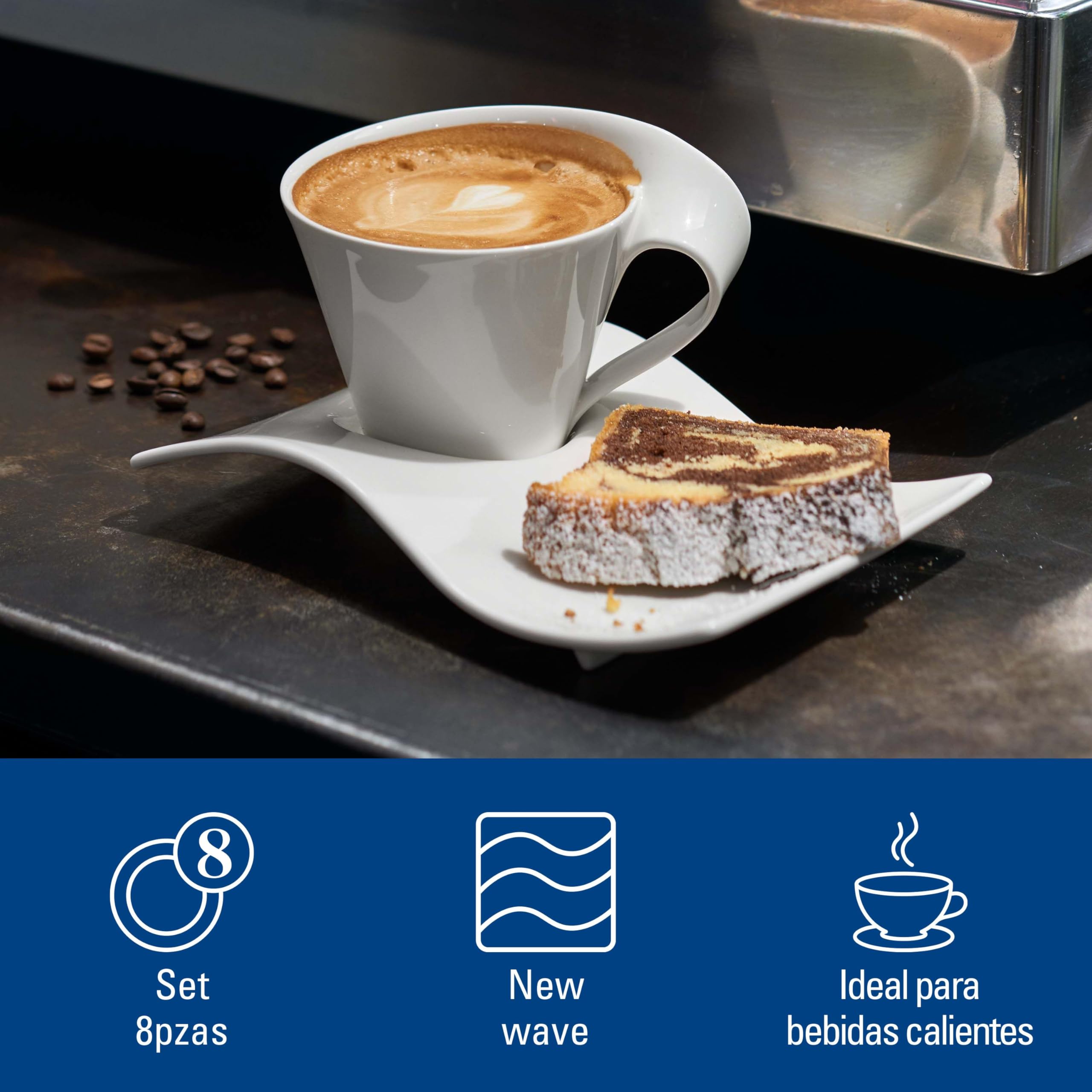 Villeroy & Boch - NewWave Caffé Juego de Capuchino 8 Piezas Blanco, Apto para Lavavajillas, Apto para Microondas, Set de Tazas y Tazones, Juego de Vajilla, Vajilla Blanca, Porcelana Premium