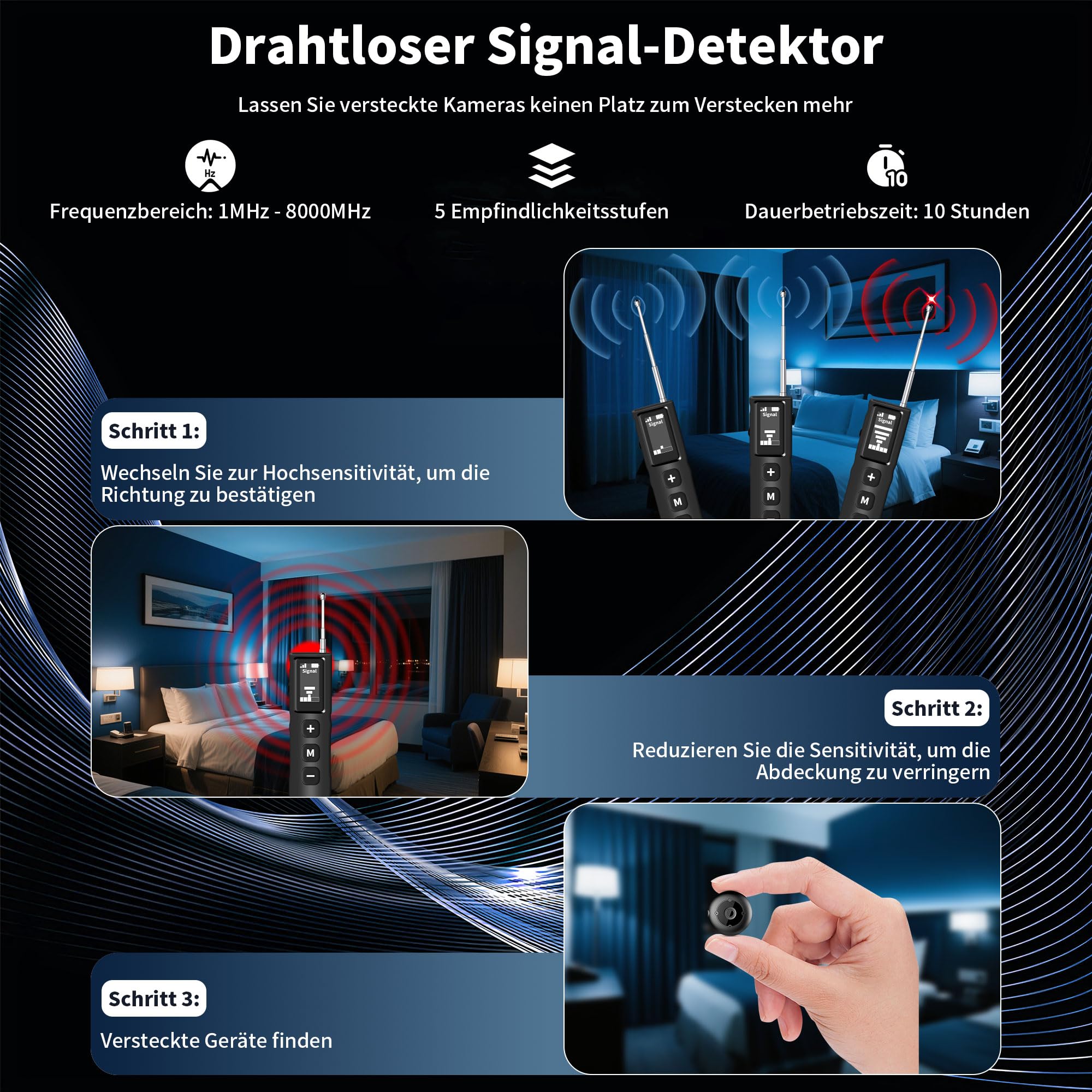 Hidden Camera Detector Wanzenfinder, Wanzen Detektor, Kamera Detektor, Signal Bug Detector, RF Signal Detektor für GPS Locator Tracker Abhörgeräte Funkkameras für Hotel Heim Büro Reisen
