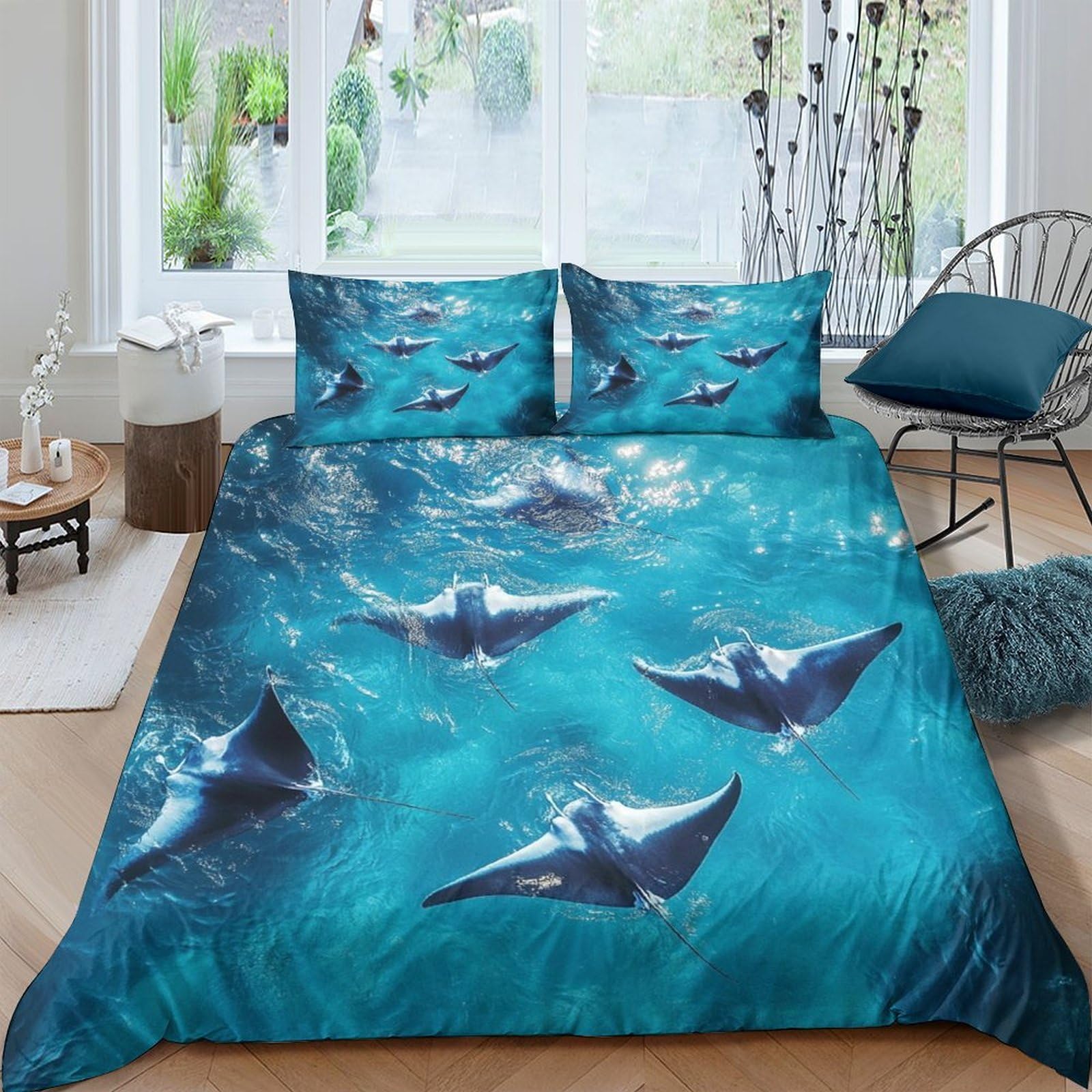 Ctjqhvkz Style-9 3D Printed Ocean Stingray Fitted Sheet Microfiber Soft Blue Underwater Manta Mattress Cover Bedroom Dorm Decor Single（135X200cm）
