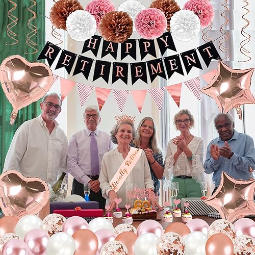 Miniatura 7 de Decoraciones de fiesta de jubilación de oro rosa, 63 piezas de decoraciones de fiesta de jubilación para mujeres, pancarta colgante de remolinos de