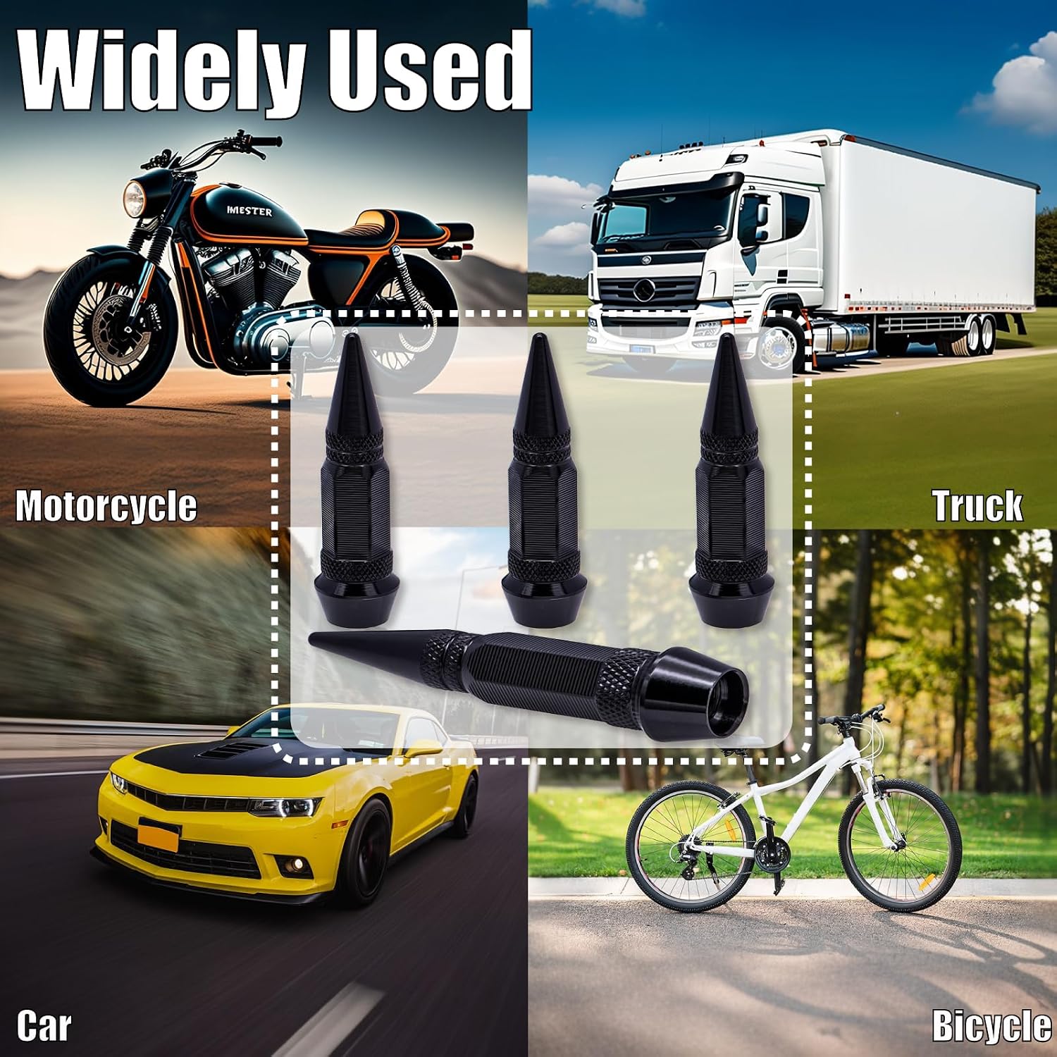 4PCS Spiked Style Tire Valve Stem Caps, Universal Aluminium Alloy Dustproof Tire Valve Stem Covers for Cars, SUV, Trucks, Bikes, Motorcycles, Bicycles(60MM & Black)