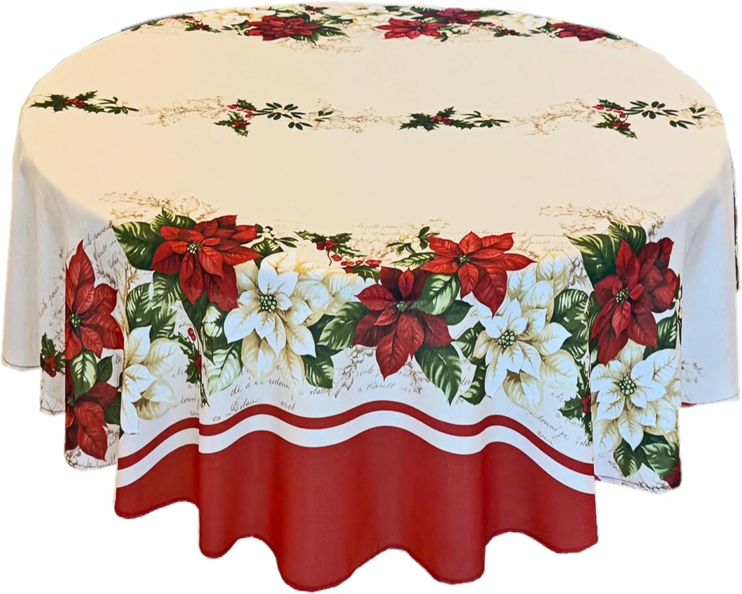 Newbridge Christmas Presley Red and White Poinsettia 70 inch Round Fabric Tablecloth, Holiday Cottage Floral Border Print Table Cover for Dining Party