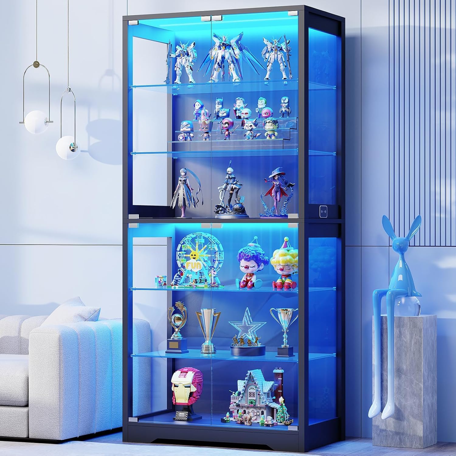 BROTTAR Vitrine mit Glastür, 6-stufige 180cm Vitrine mit 3 Farblichten für Sammlerstücke, Vitrine mit verstellbaren Glasträgern, Körperkensorsensor, Aufbewahrungsschränke, Schwarz