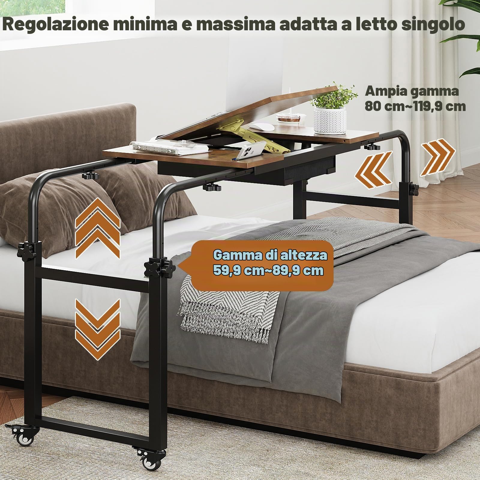 VEDECASA Tavolo da letto su ruote, regolabile in altezza, per ospedale e casa, mobile, stabile, con ripiano per laptop, cibo o libri (marrone)